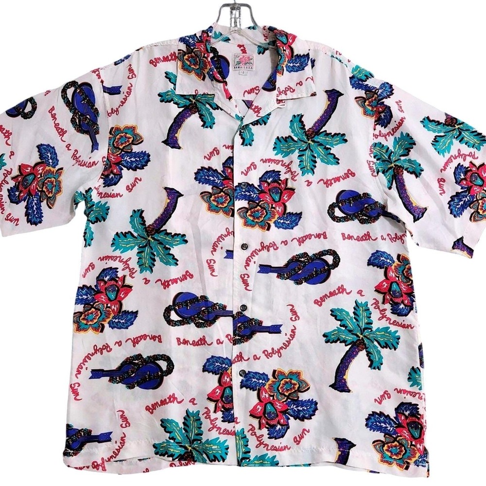 POI Hawaiian Aloha Shirt Mens L White Tropical Floral Palm Camp Button Up